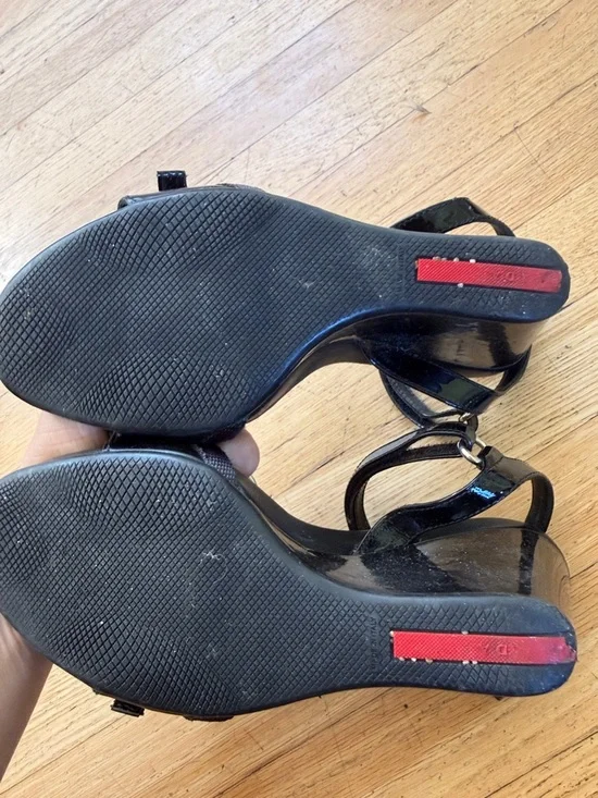 Prada Black Patent Leather Bow Ankle-Strap Sandals - Picture 4 of 5